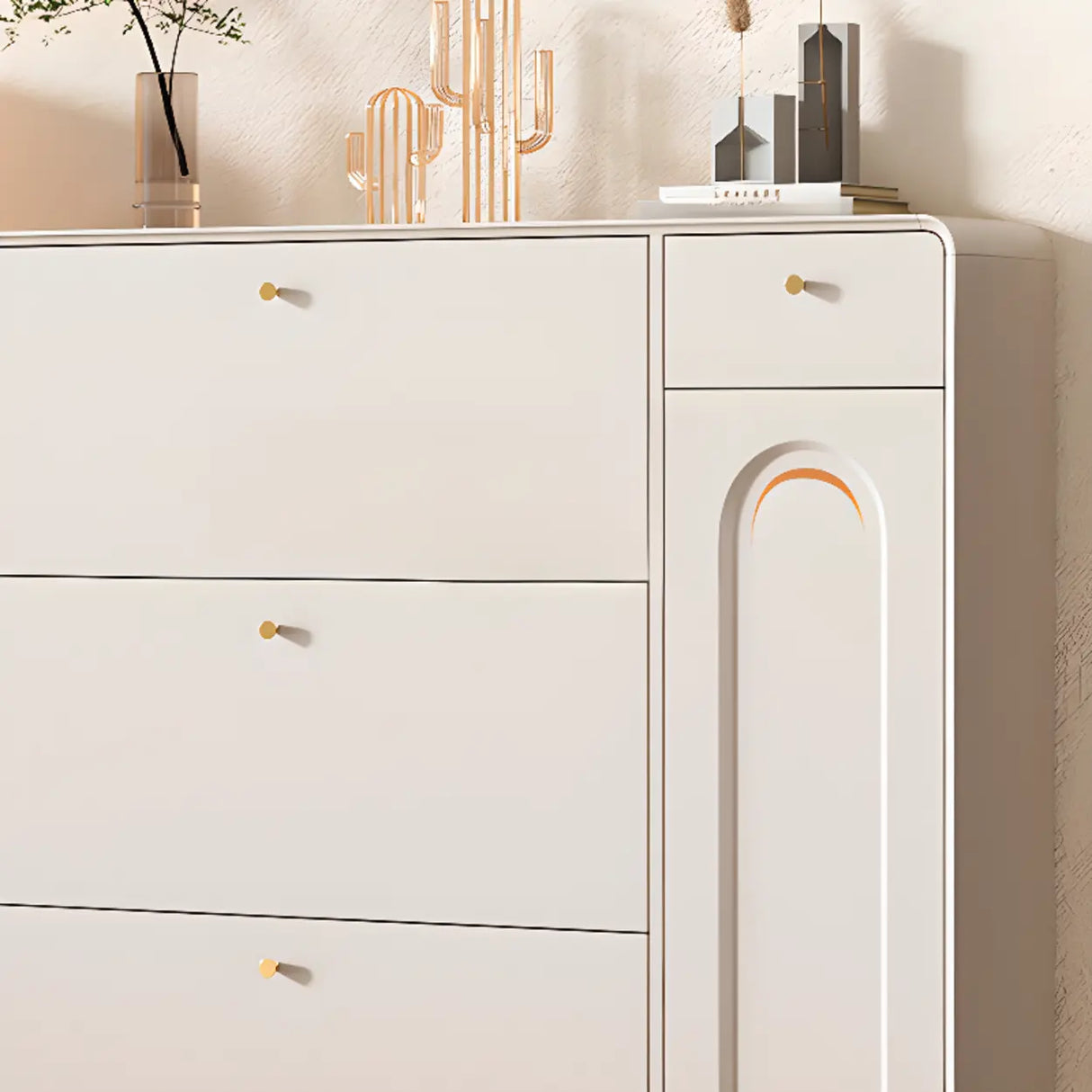 Modern Rectangular Wood Hallway Cream Shoe Storage Cabinet Image - 8