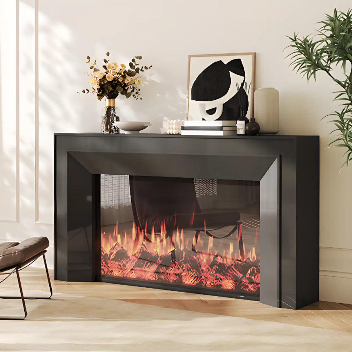 Modern Rectangular Wood Living Room Black LED TV Stand