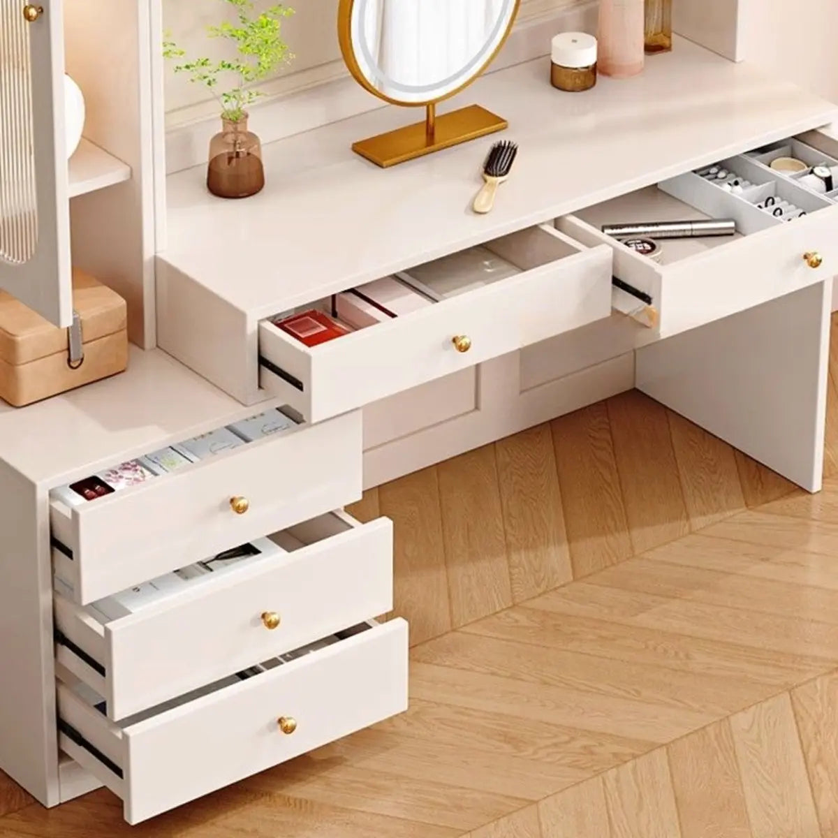 Modern Rectangular Wood White 10-Drawer Makeup Vanity Image - 6