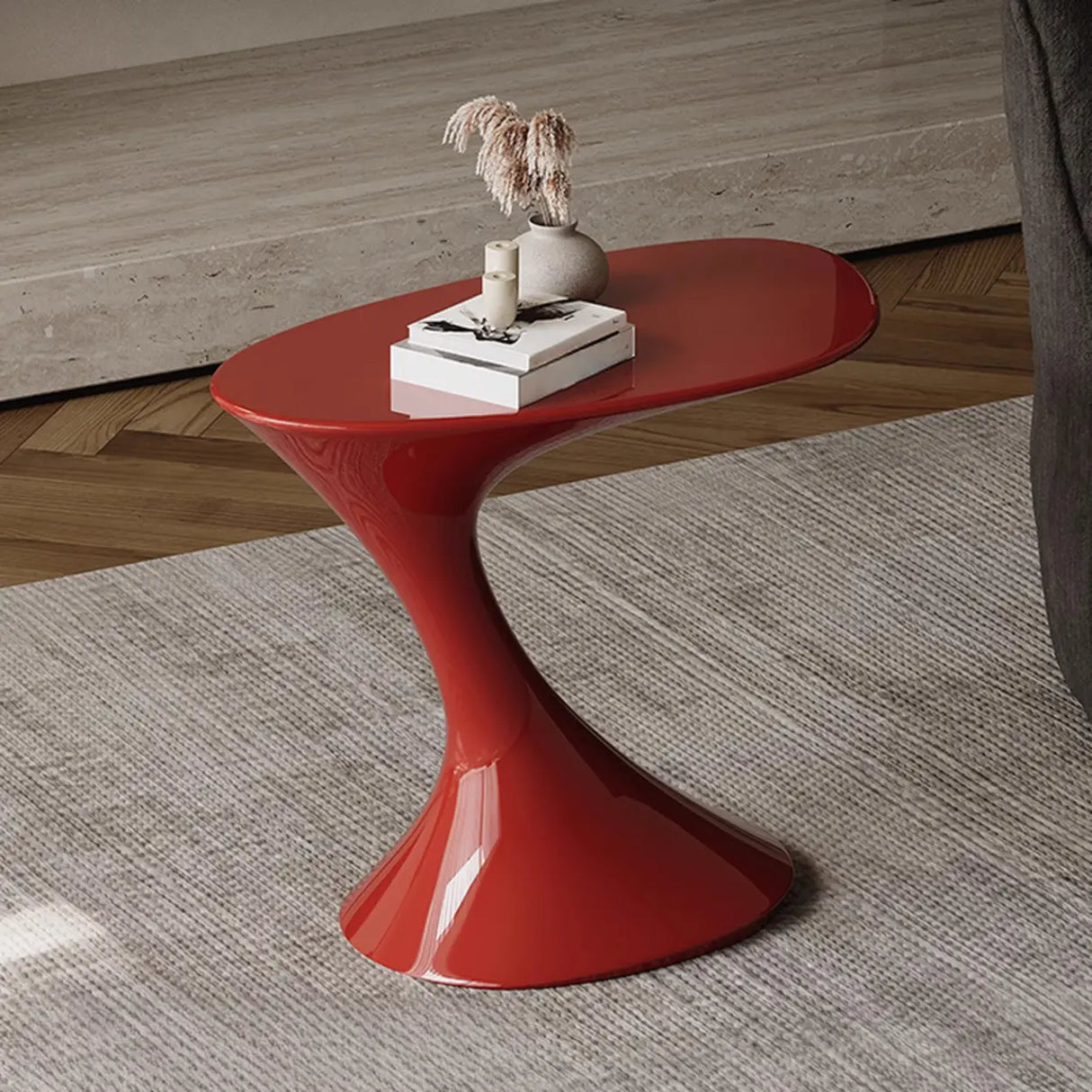 Modern Red Oval Steel Sculpted Pedestal Side Table Image - 6