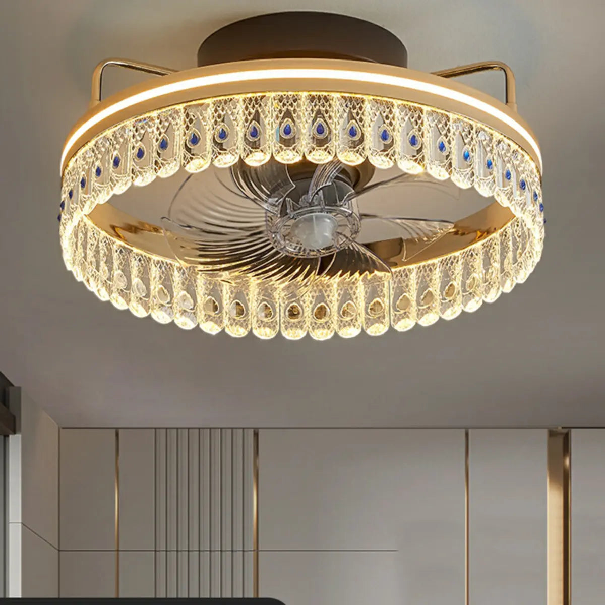 Modern Remote Flush Crystal Ceiling Fan with LED Light Image - 1