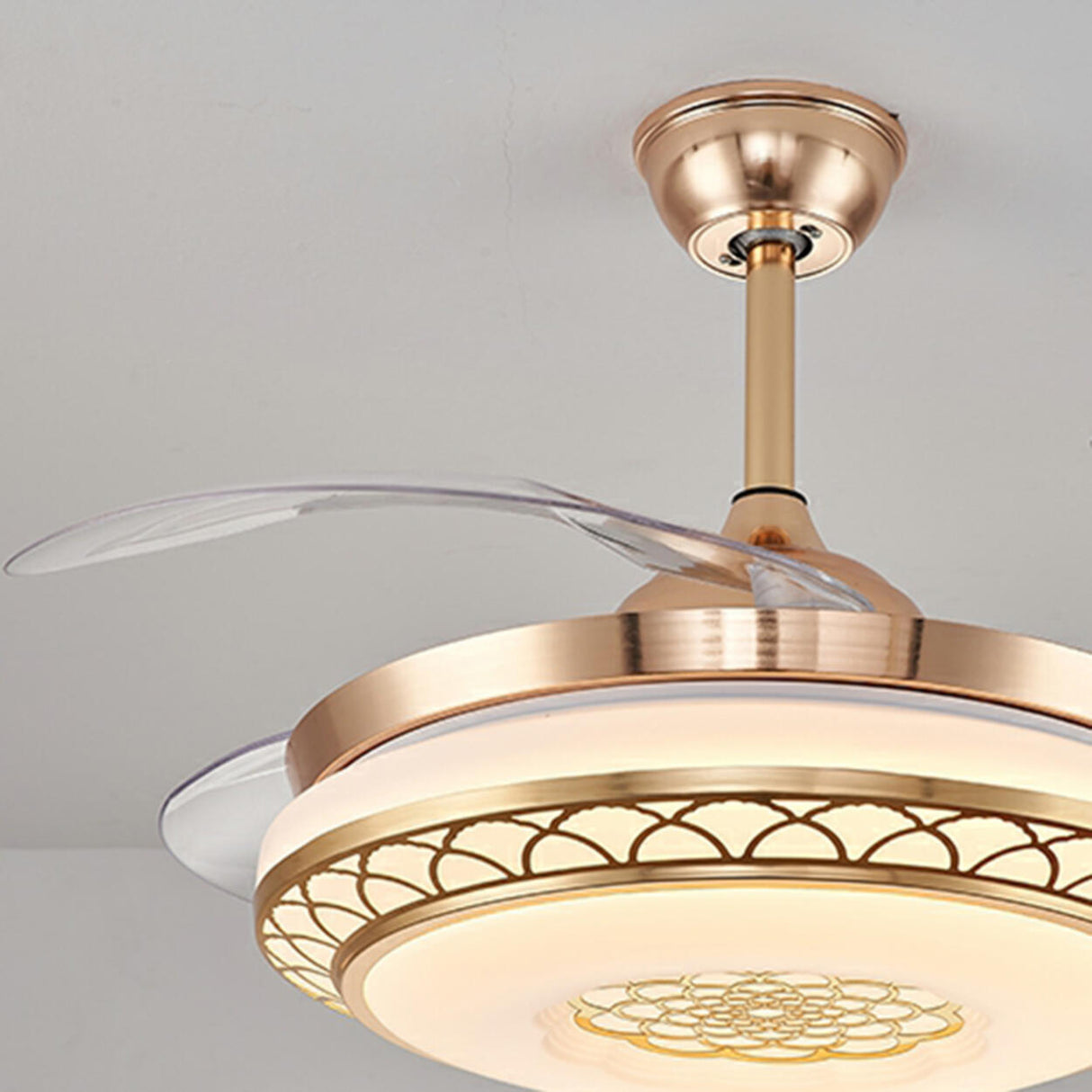 Modern Retractable Blade Round Metal Ceiling Fan Light Image - 19