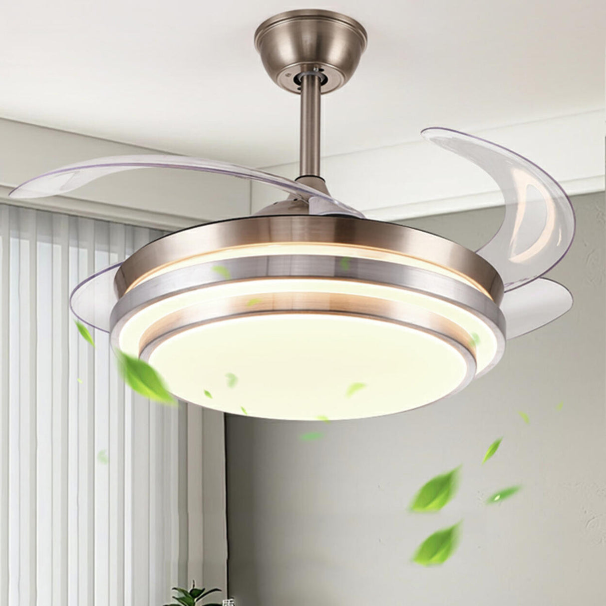Modern Retractable Blade Round Metal Ceiling Fan Light Image - 4