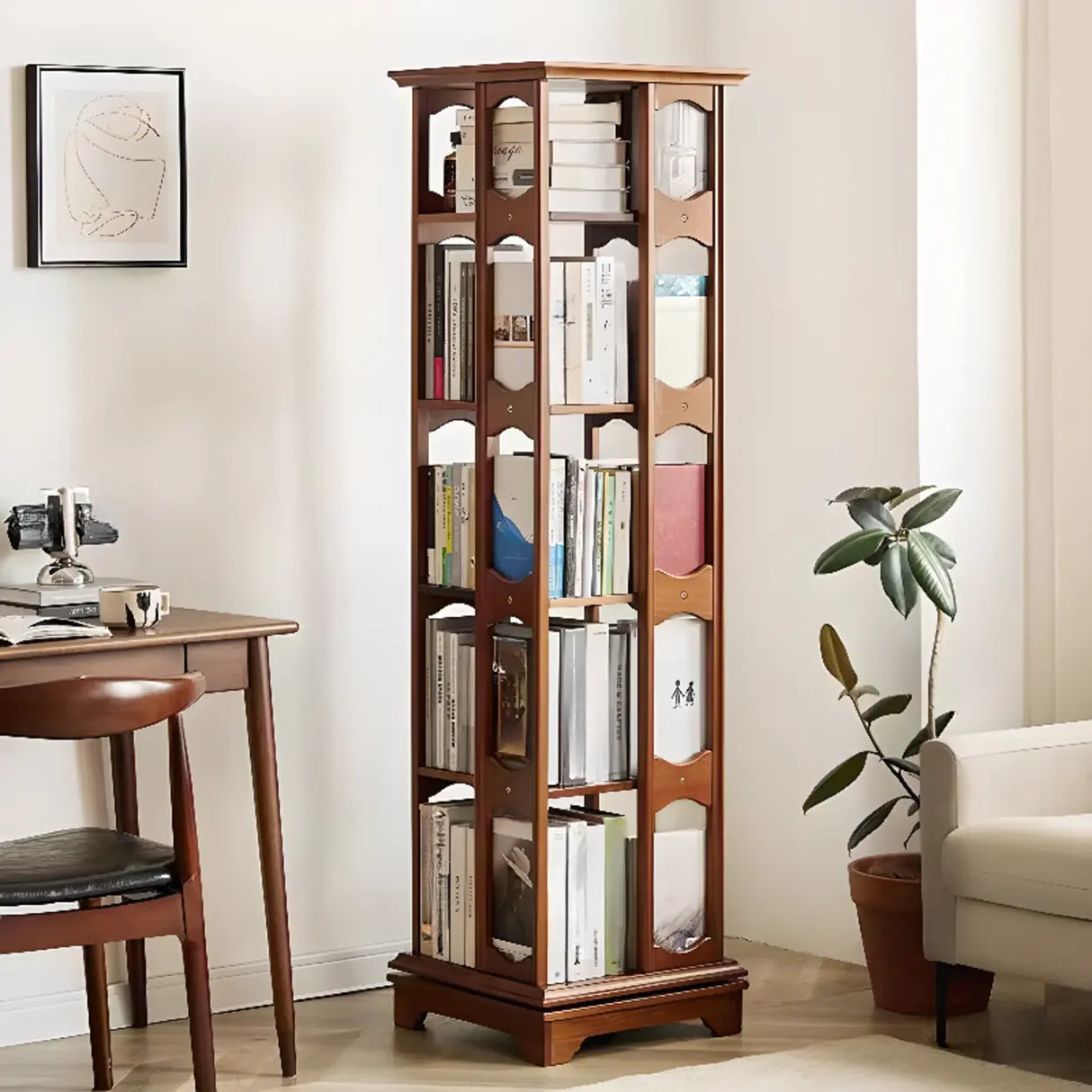 Modern Revolving Wooden Square Column Narrow Bookcase Image - 1