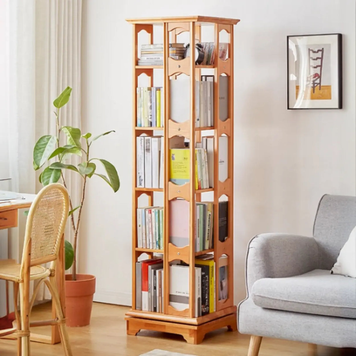Modern Revolving Wooden Square Column Narrow Bookcase Image - 2