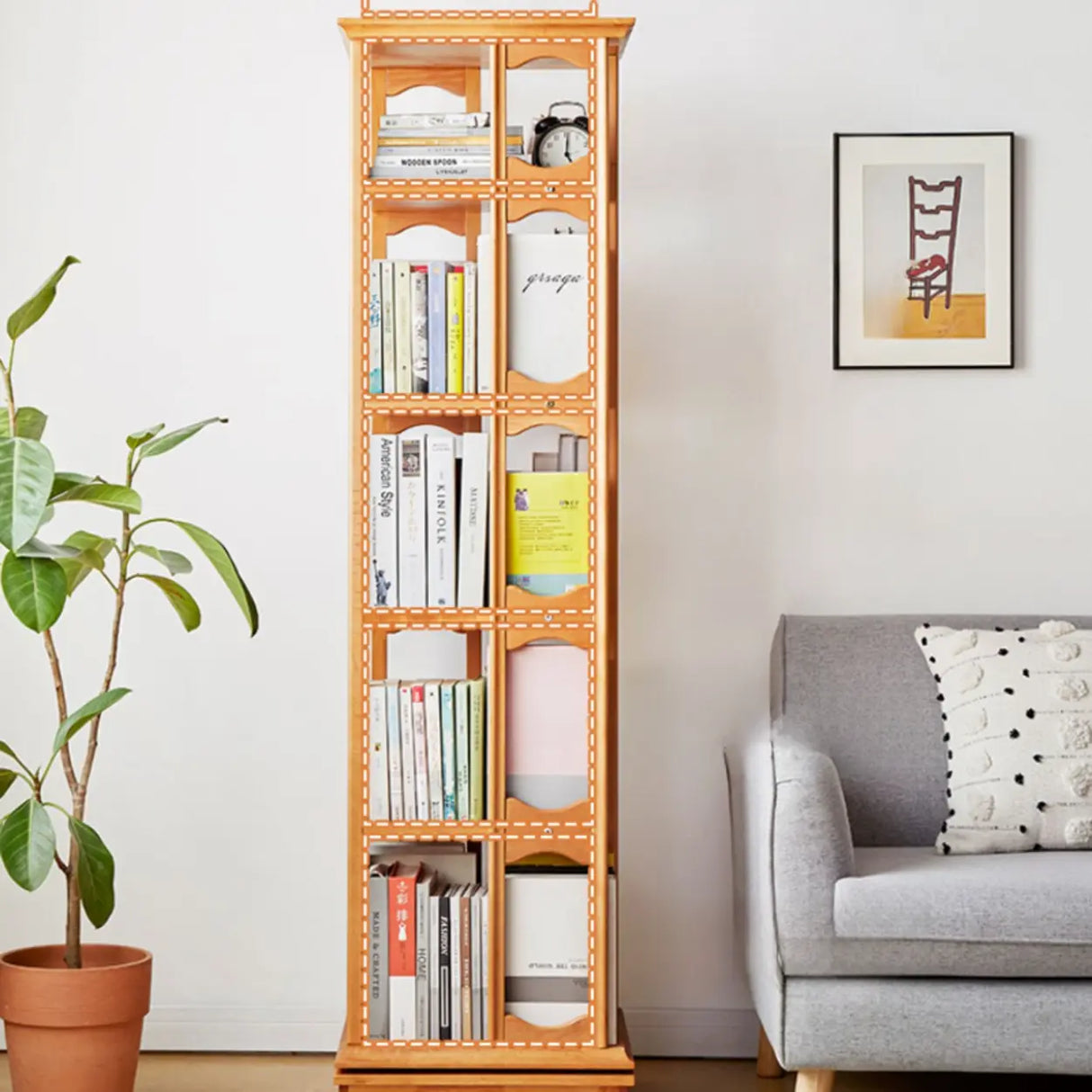 Modern Revolving Wooden Square Column Narrow Bookcase Image - 3