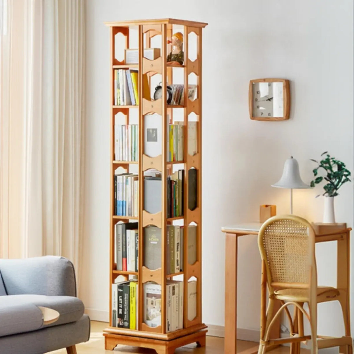 Modern Revolving Wooden Square Column Narrow Bookcase Image - 4