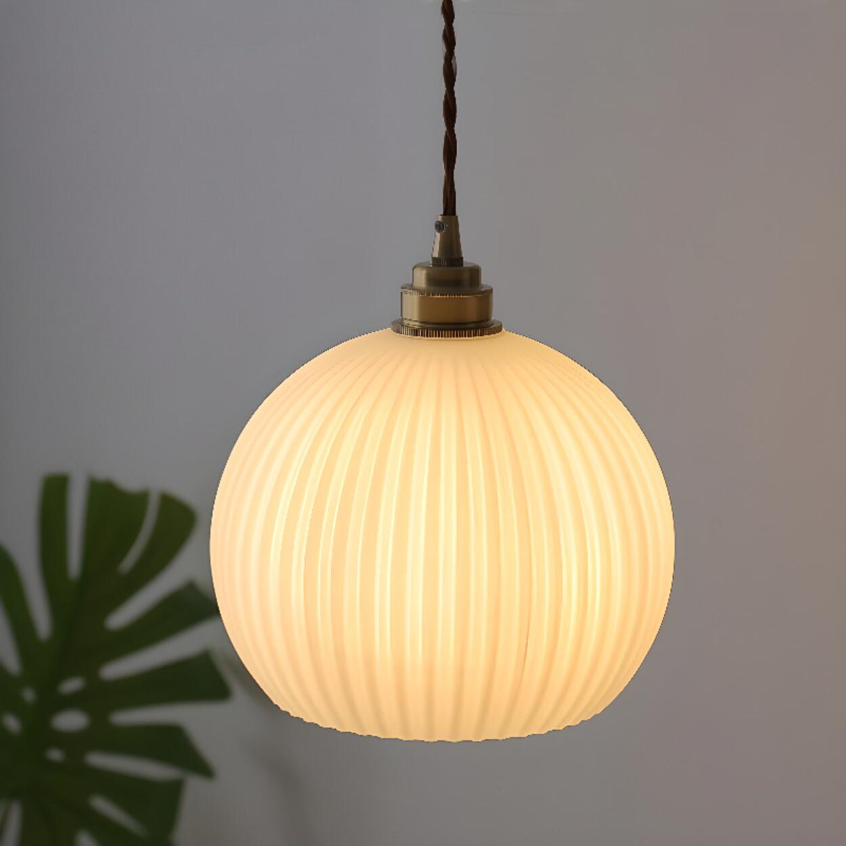 Modern Ribbed Globe Glass Pendant Light Flexible Length Image - 1