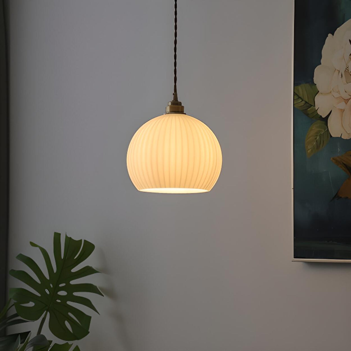 Modern Ribbed Globe Glass Pendant Light Flexible Length Image - 3