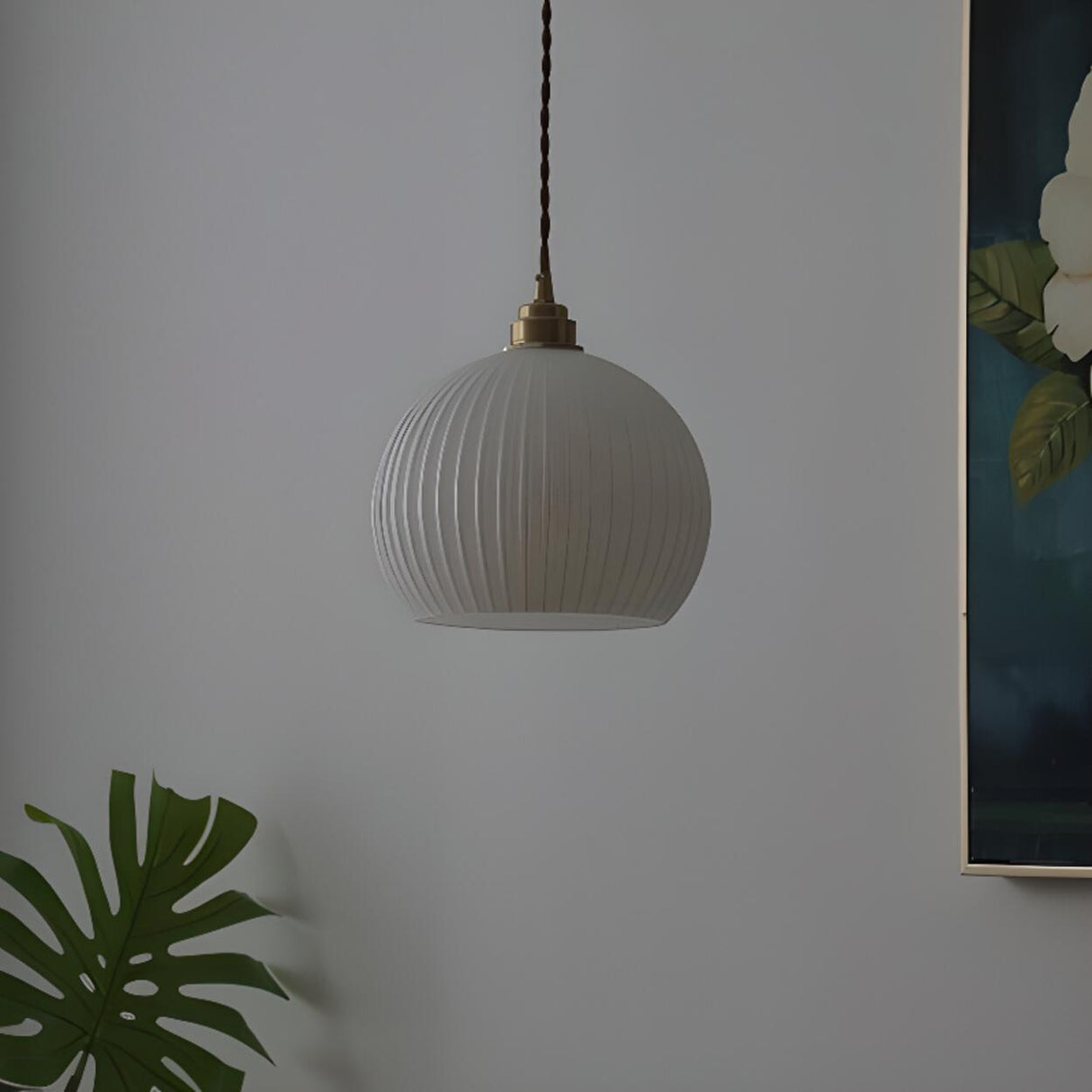 Modern Ribbed Globe Glass Pendant Light Flexible Length Image - 4