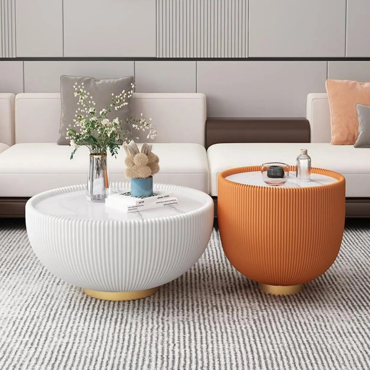 Modern Ribbed Round Coffee Tables Set for Living Room Image - 1