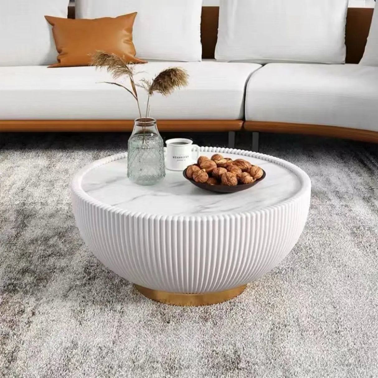 Modern Ribbed Round Coffee Tables Set for Living Room Image - 11