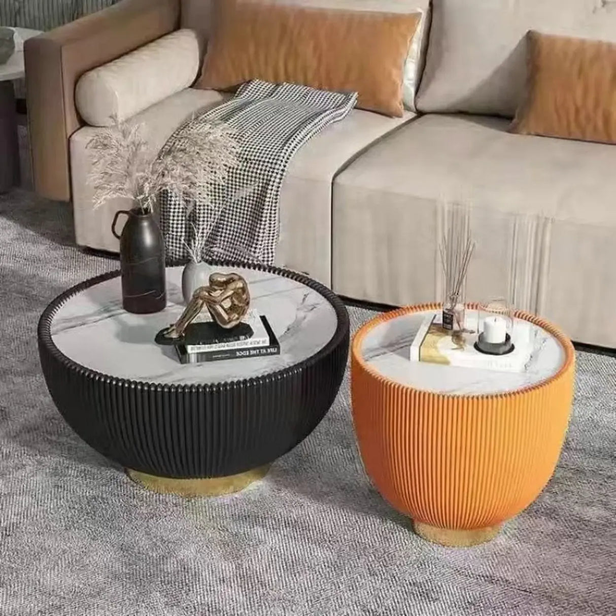 Modern Ribbed Round Coffee Tables Set for Living Room Image - 2