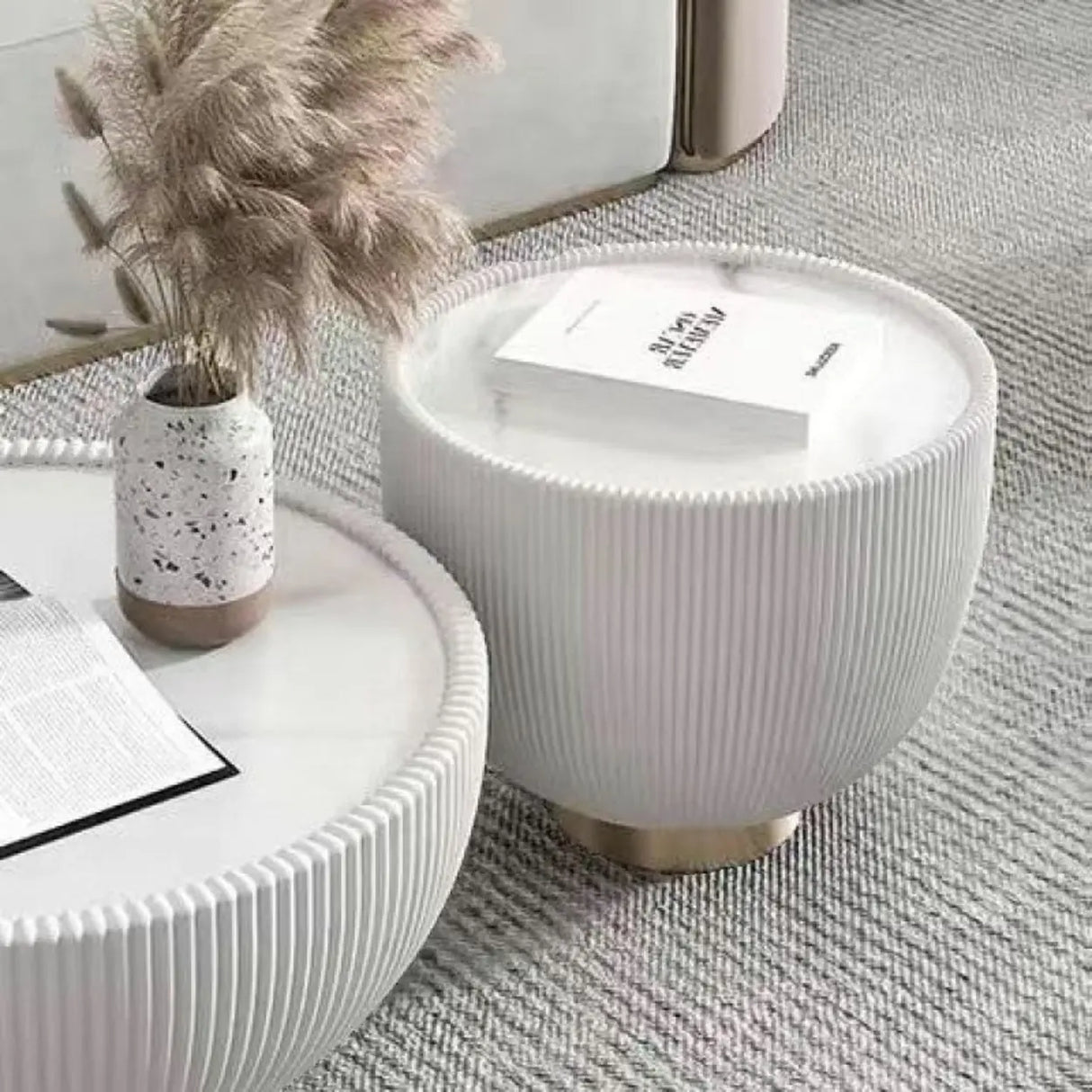 Modern Ribbed Round Coffee Tables Set for Living Room Image - 3