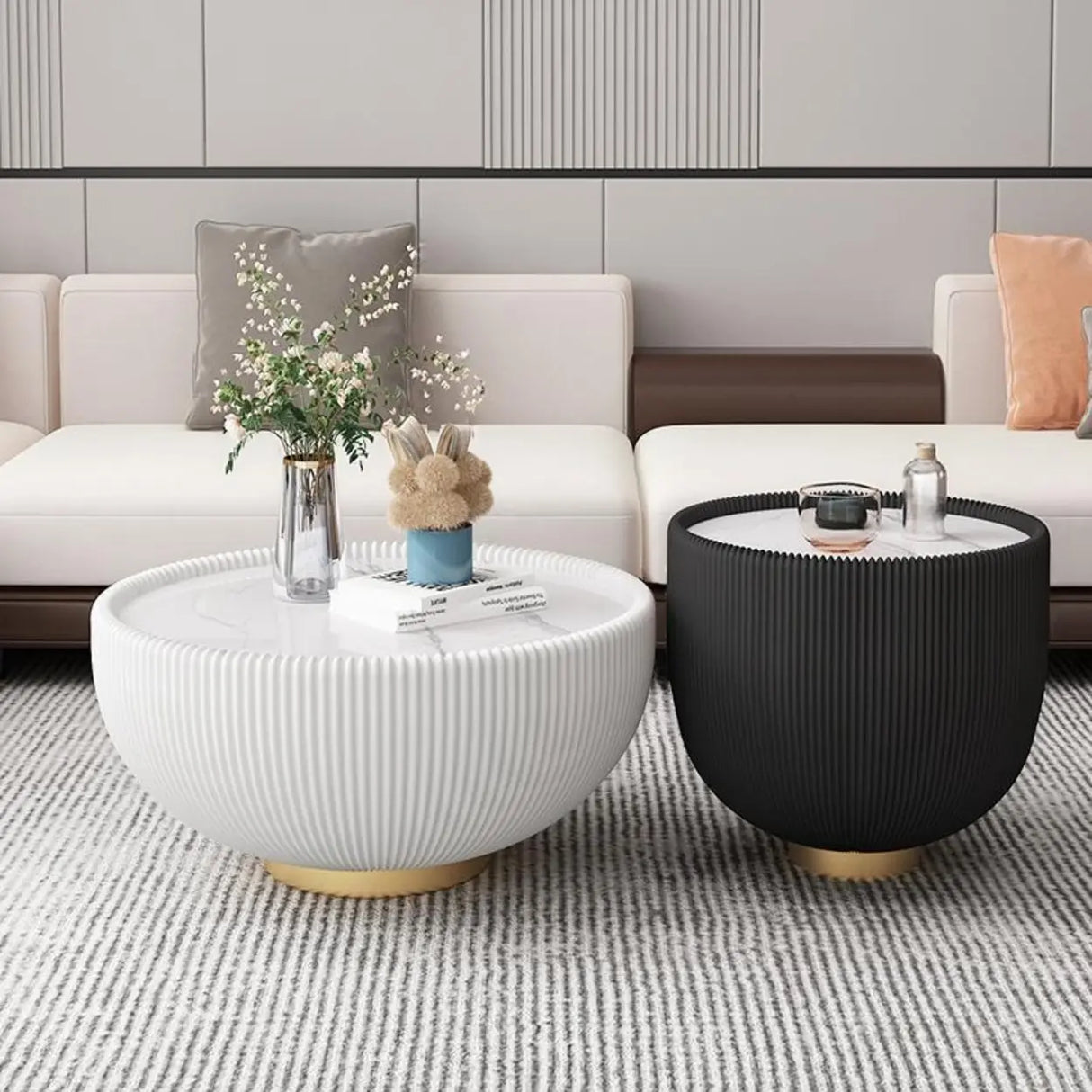 Modern Ribbed Round Coffee Tables Set for Living Room Image - 4