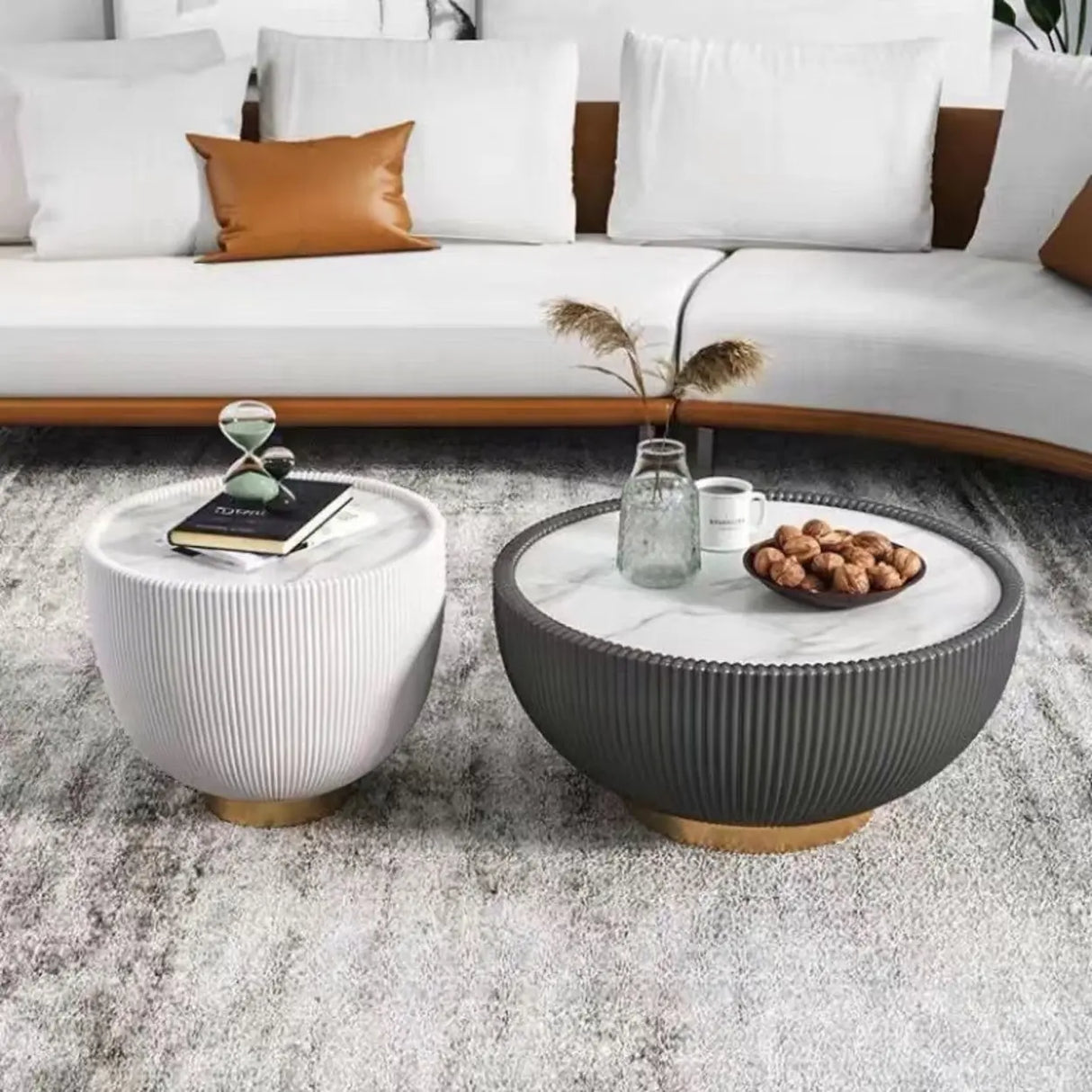 Modern Ribbed Round Coffee Tables Set for Living Room Image - 7