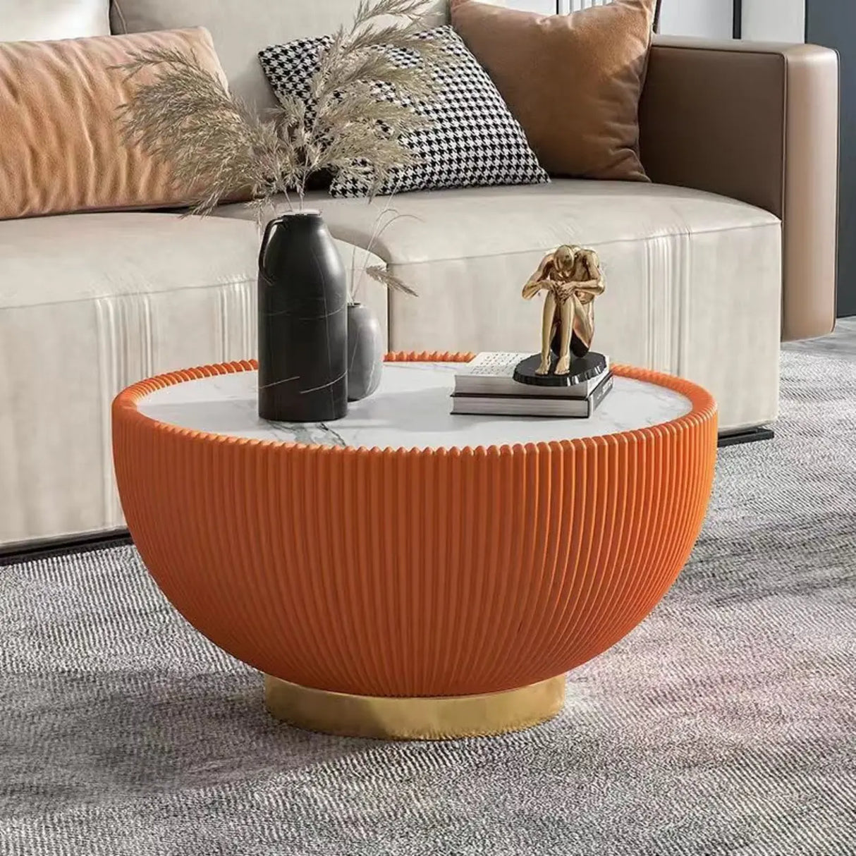Modern Ribbed Round Coffee Tables Set for Living Room Image - 9