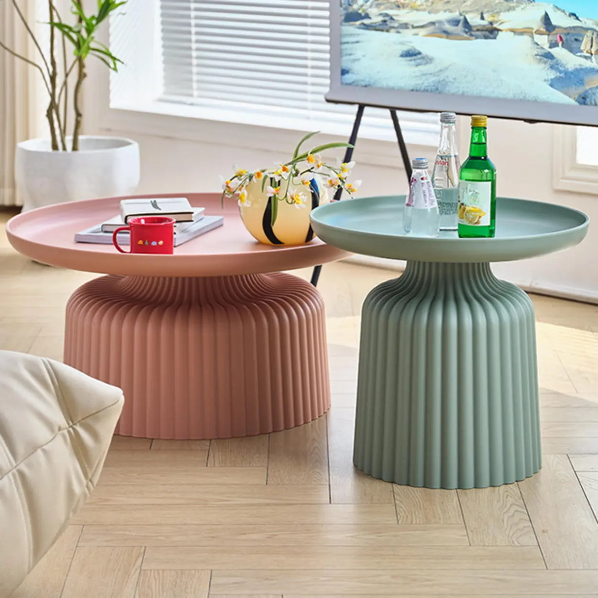 Modern Ribbed Side & Coffee Table Set for Stylish Living Image - 3
