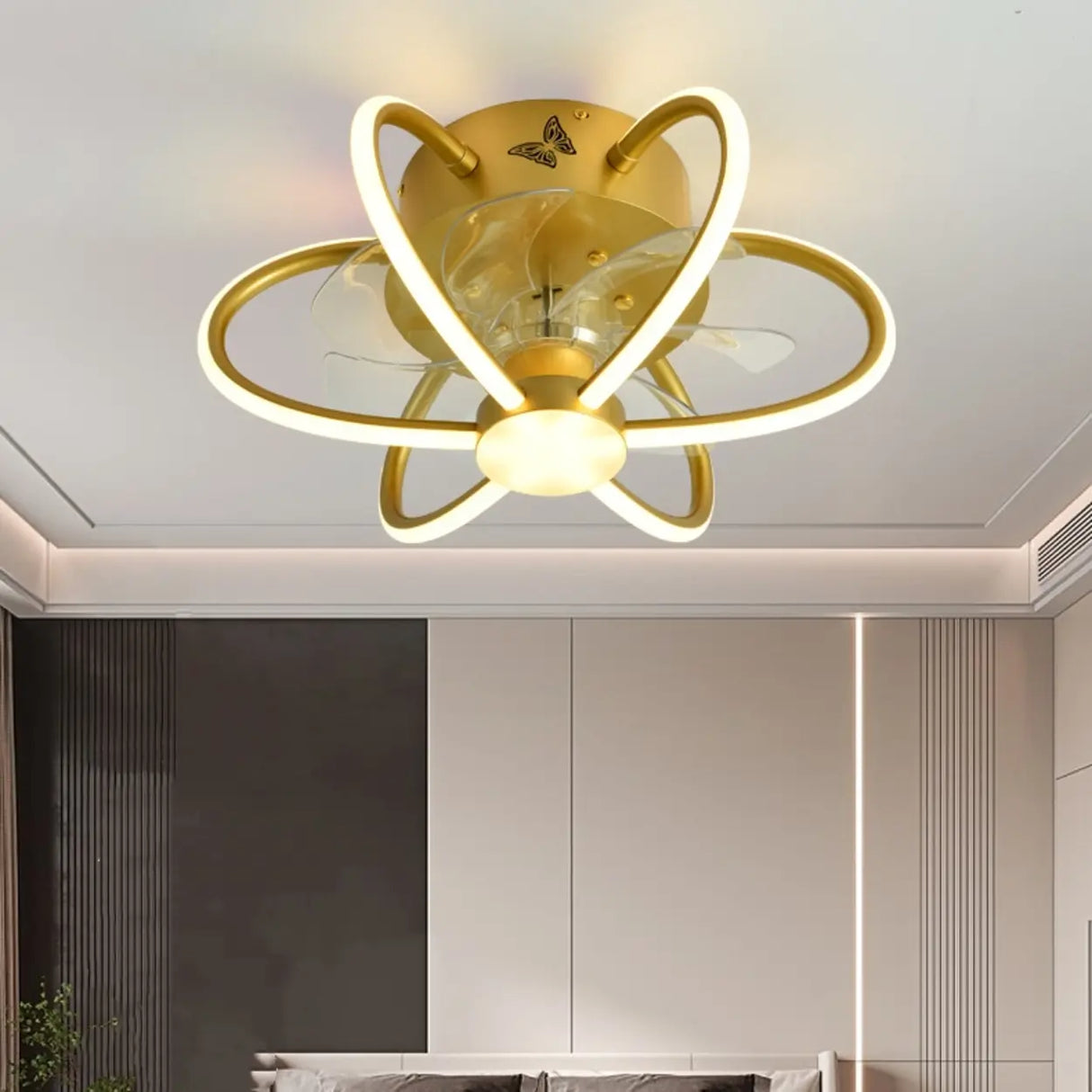 Modern Ring Flower Semi Flush Ceiling Fan with Light Image - 1