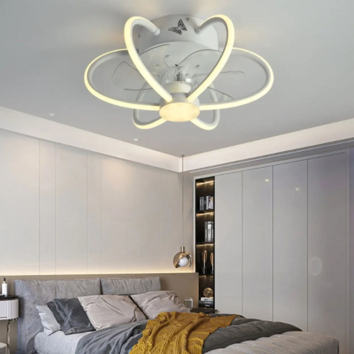 Modern Ring Flower Semi Flush Ceiling Fan with Light Image - 2