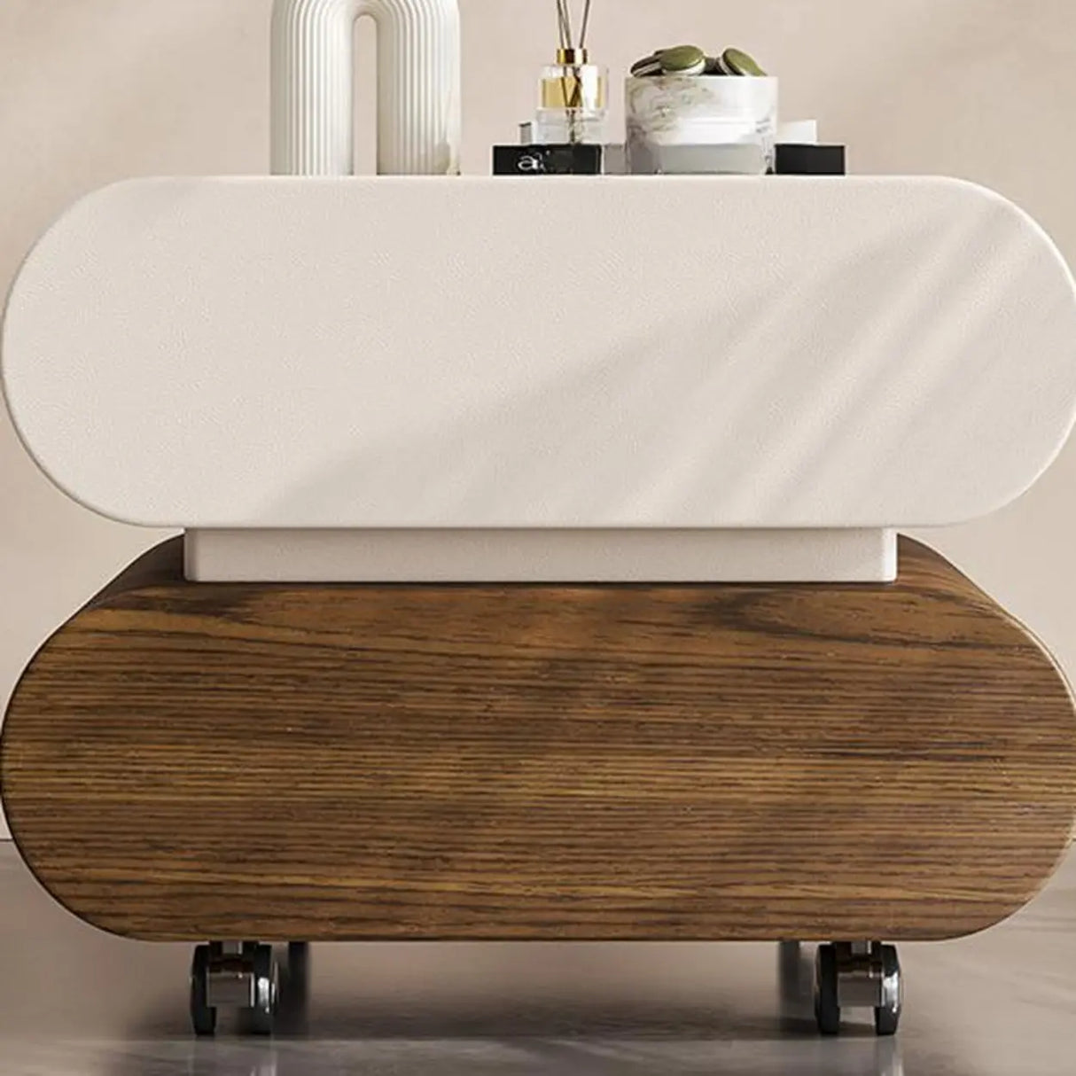 Modern Rolling Caster Wood White Nightstand with Drawers Image - 1