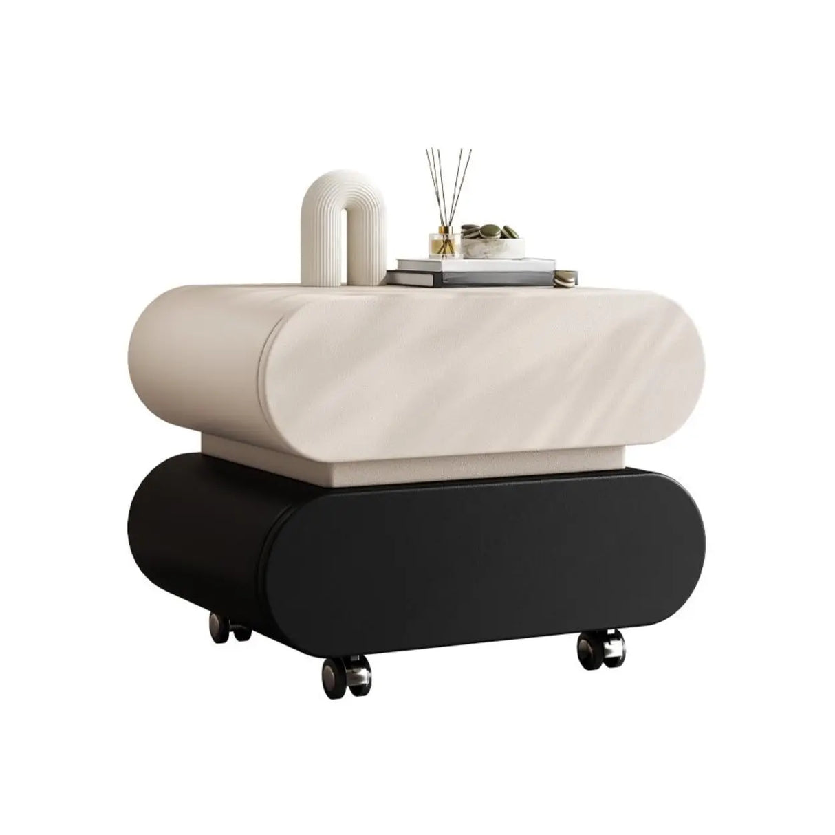 Modern Rolling Caster Wood White Nightstand with Drawers Image - 10