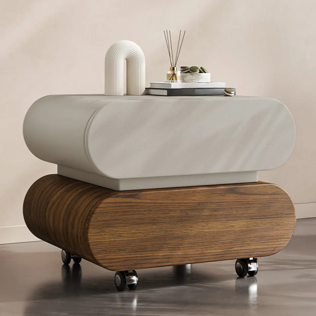 Modern Rolling Caster Wood White Nightstand with Drawers Image - 11