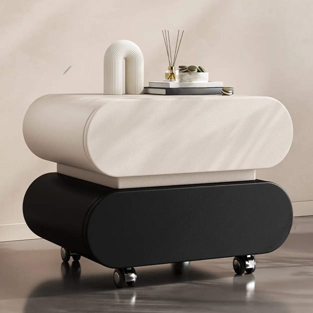 Modern Rolling Caster Wood White Nightstand with Drawers Image - 13