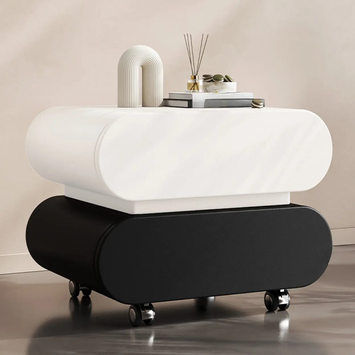 Modern Rolling Caster Wood White Nightstand with Drawers Image - 16