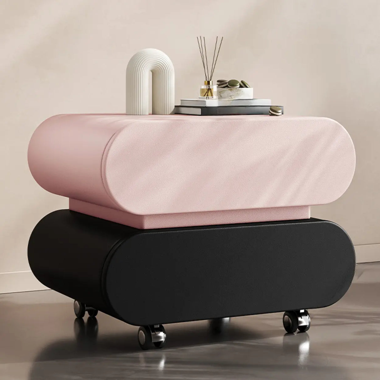 Modern Rolling Caster Wood White Nightstand with Drawers Image - 17