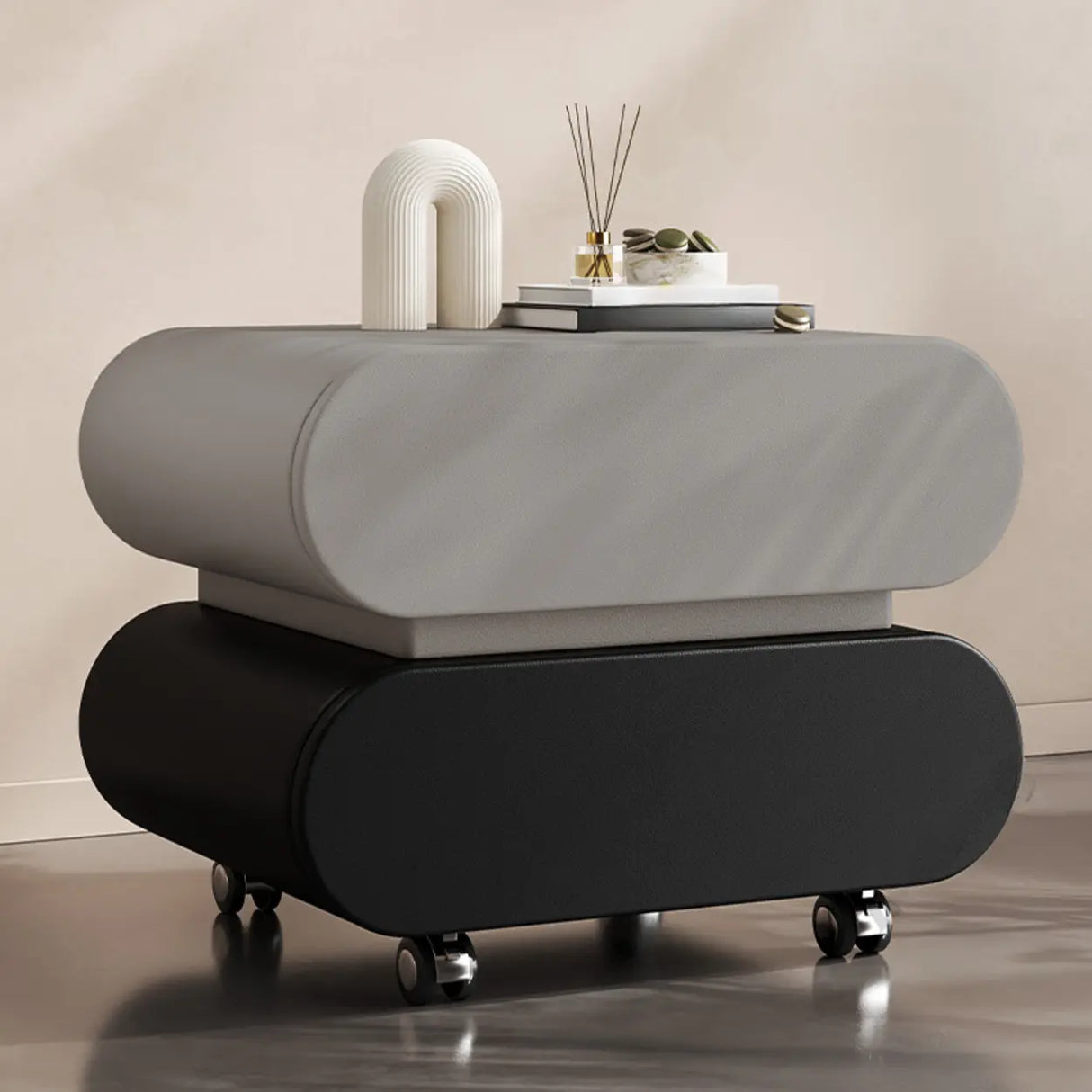 Modern Rolling Caster Wood White Nightstand with Drawers Image - 18