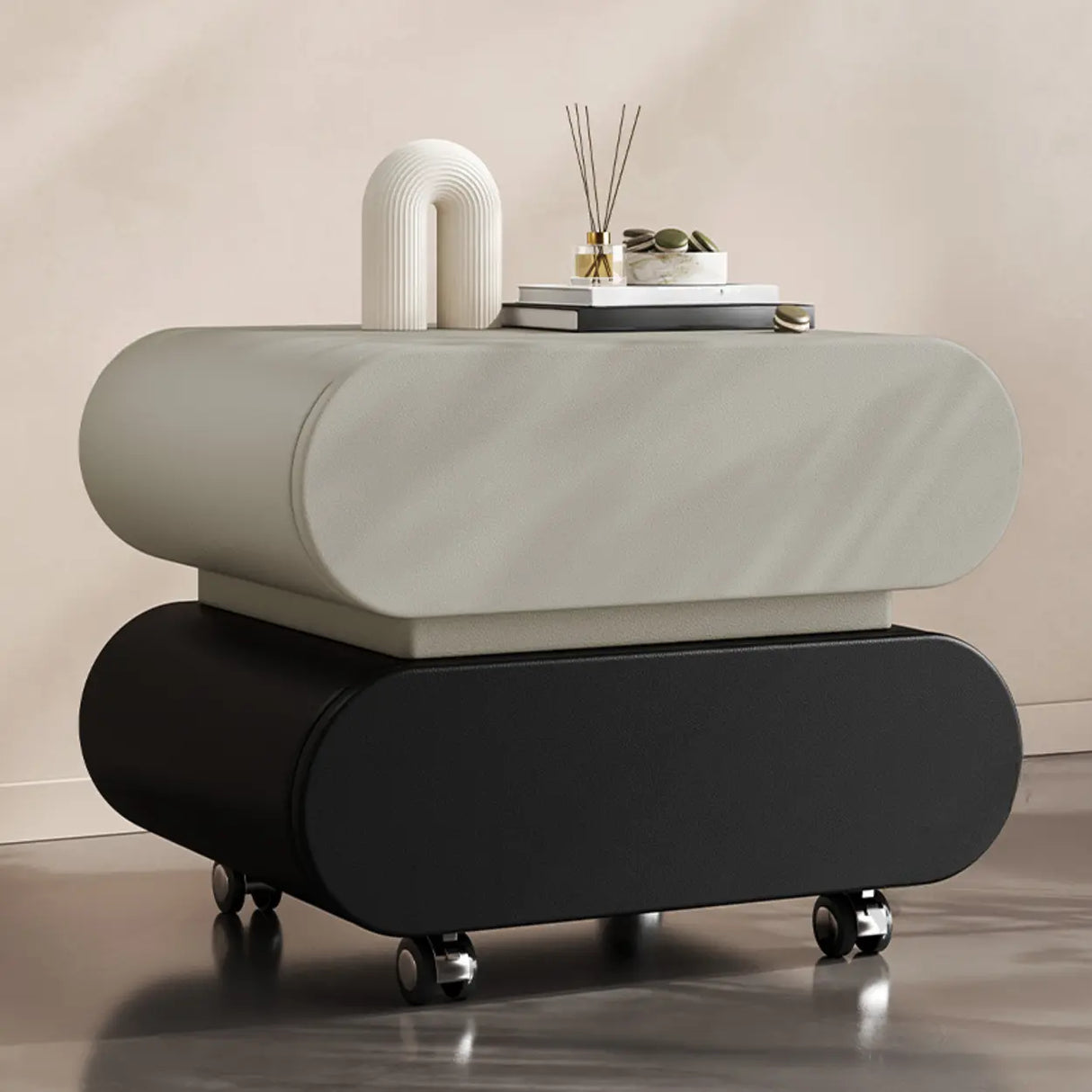 Modern Rolling Caster Wood White Nightstand with Drawers Image - 19