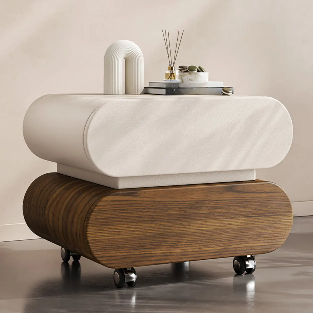 Modern Rolling Caster Wood White Nightstand with Drawers Image - 2