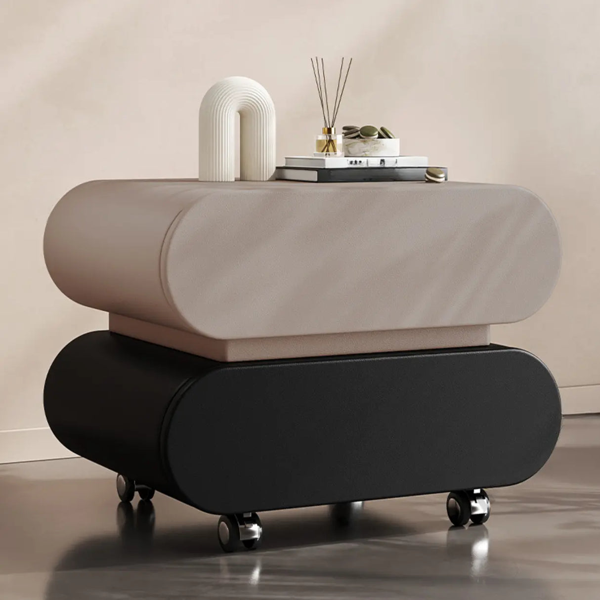 Modern Rolling Caster Wood White Nightstand with Drawers Image - 20