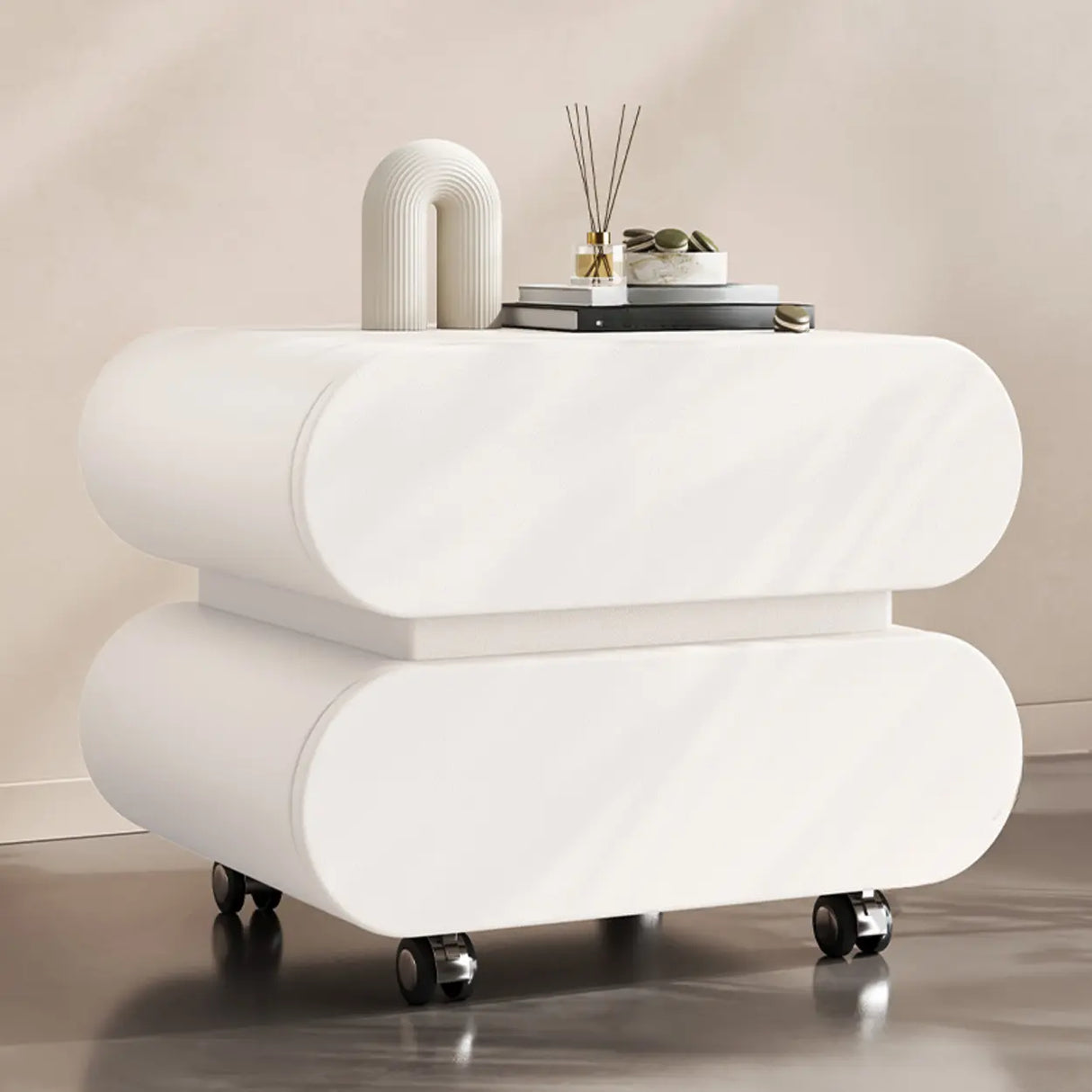 Modern Rolling Caster Wood White Nightstand with Drawers Image - 22