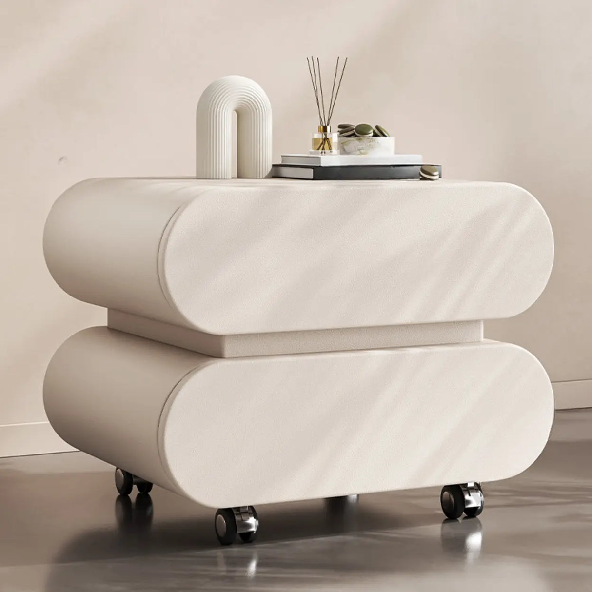 Modern Rolling Caster Wood White Nightstand with Drawers Image - 23