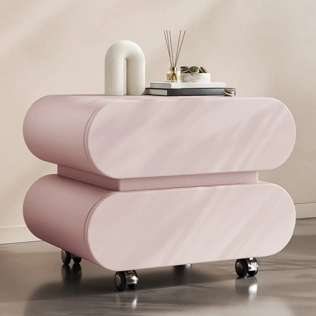 Modern Rolling Caster Wood White Nightstand with Drawers Image - 24