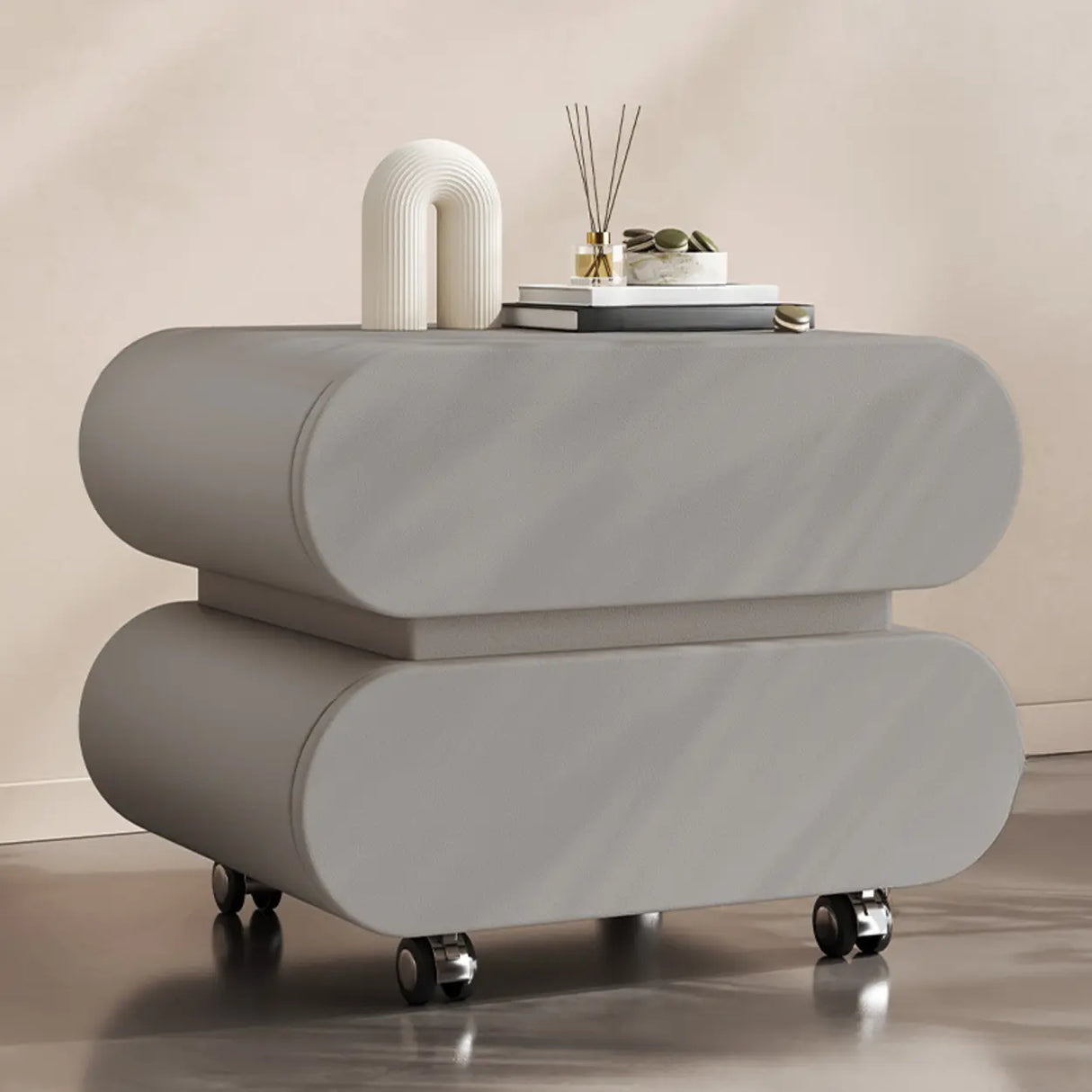 Modern Rolling Caster Wood White Nightstand with Drawers Image - 26