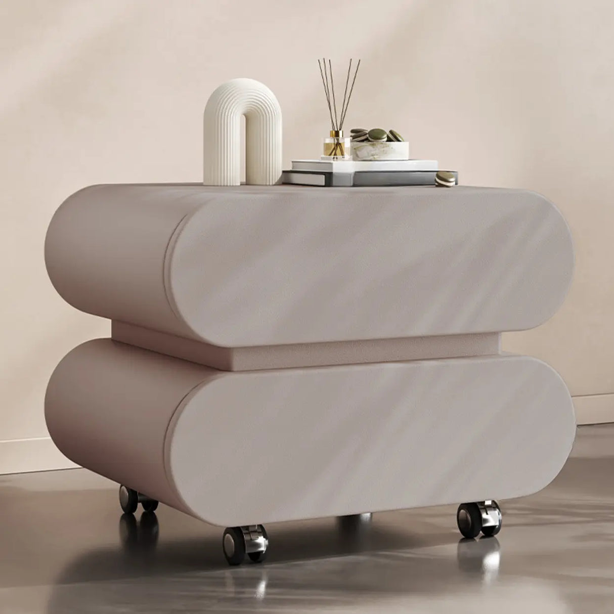 Modern Rolling Caster Wood White Nightstand with Drawers Image - 28