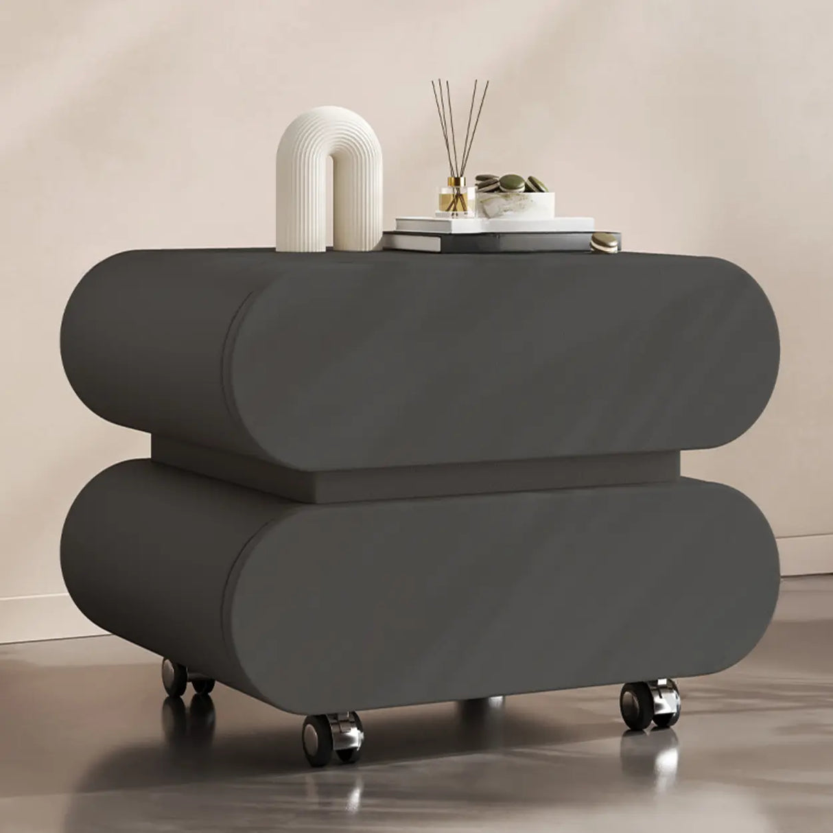 Modern Rolling Caster Wood White Nightstand with Drawers Image - 29