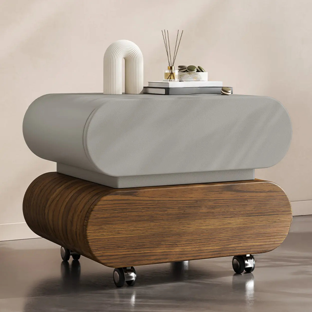 Modern Rolling Caster Wood White Nightstand with Drawers Image - 3