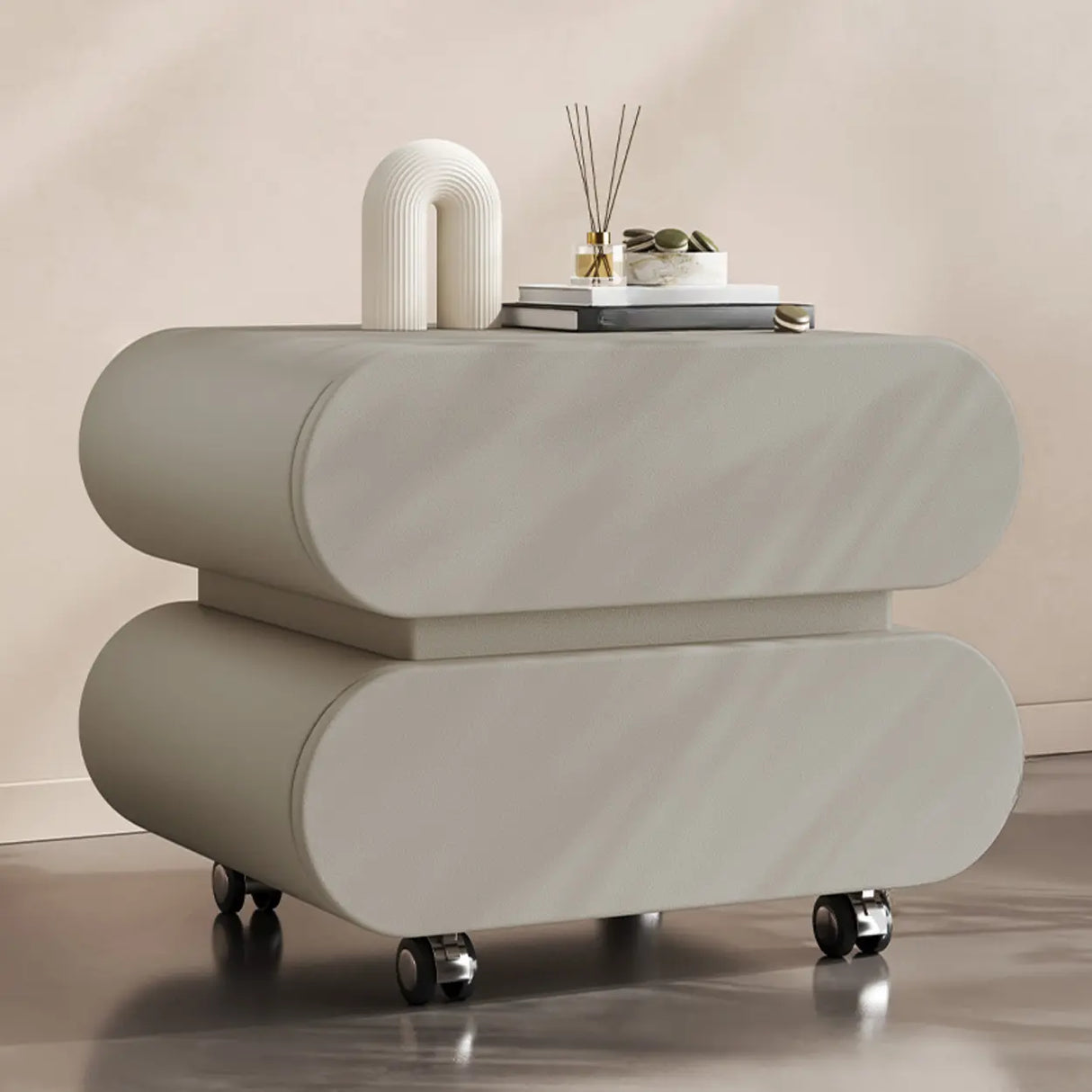 Modern Rolling Caster Wood White Nightstand with Drawers Image - 30