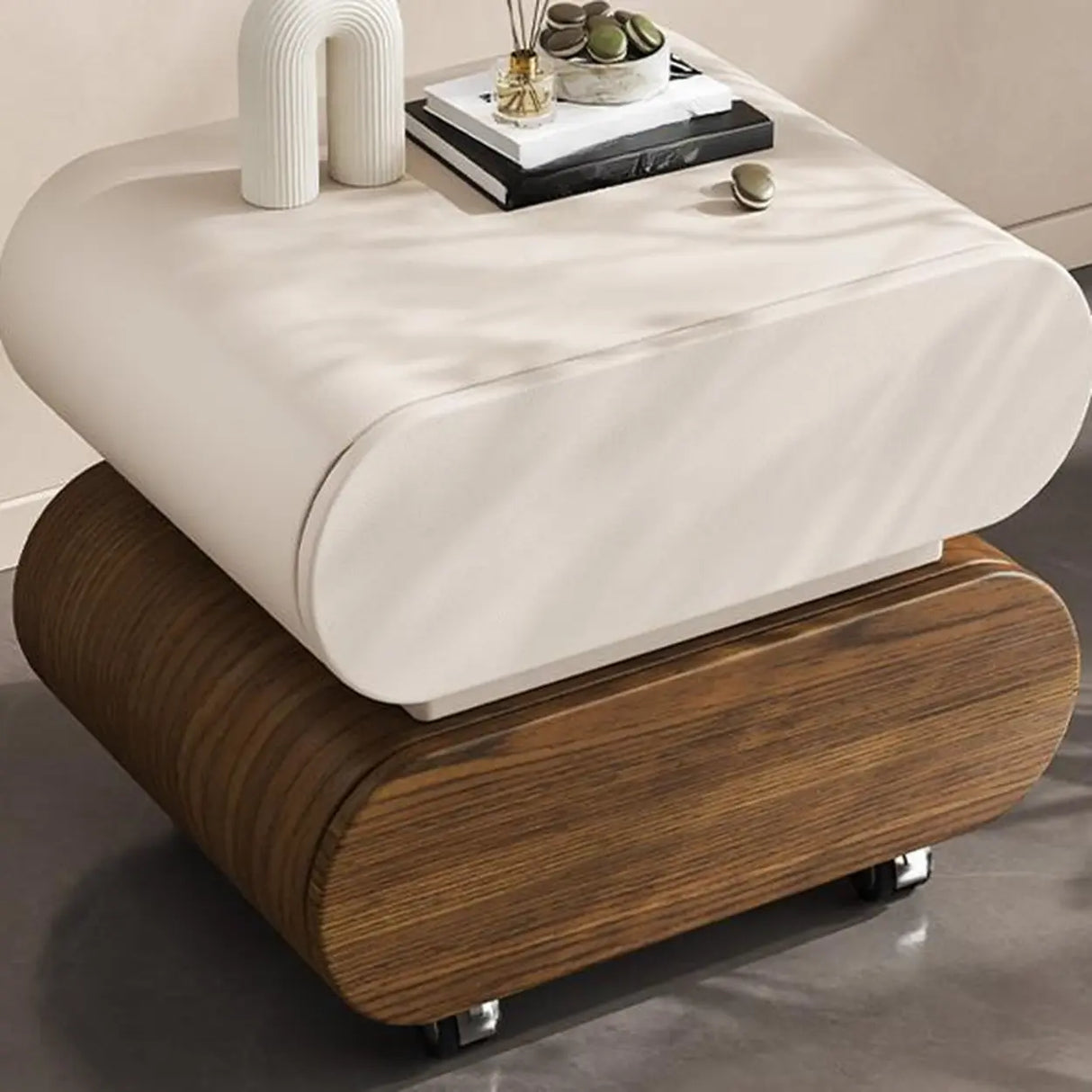 Modern Rolling Caster Wood White Nightstand with Drawers Image - 4