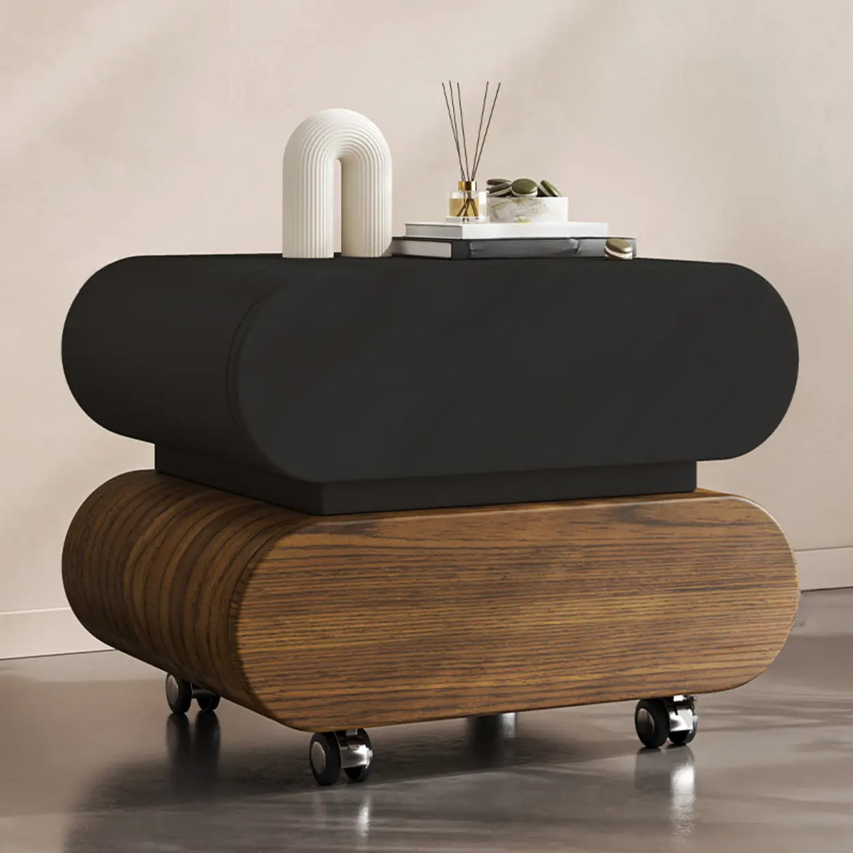 Modern Rolling Caster Wood White Nightstand with Drawers Image - 5