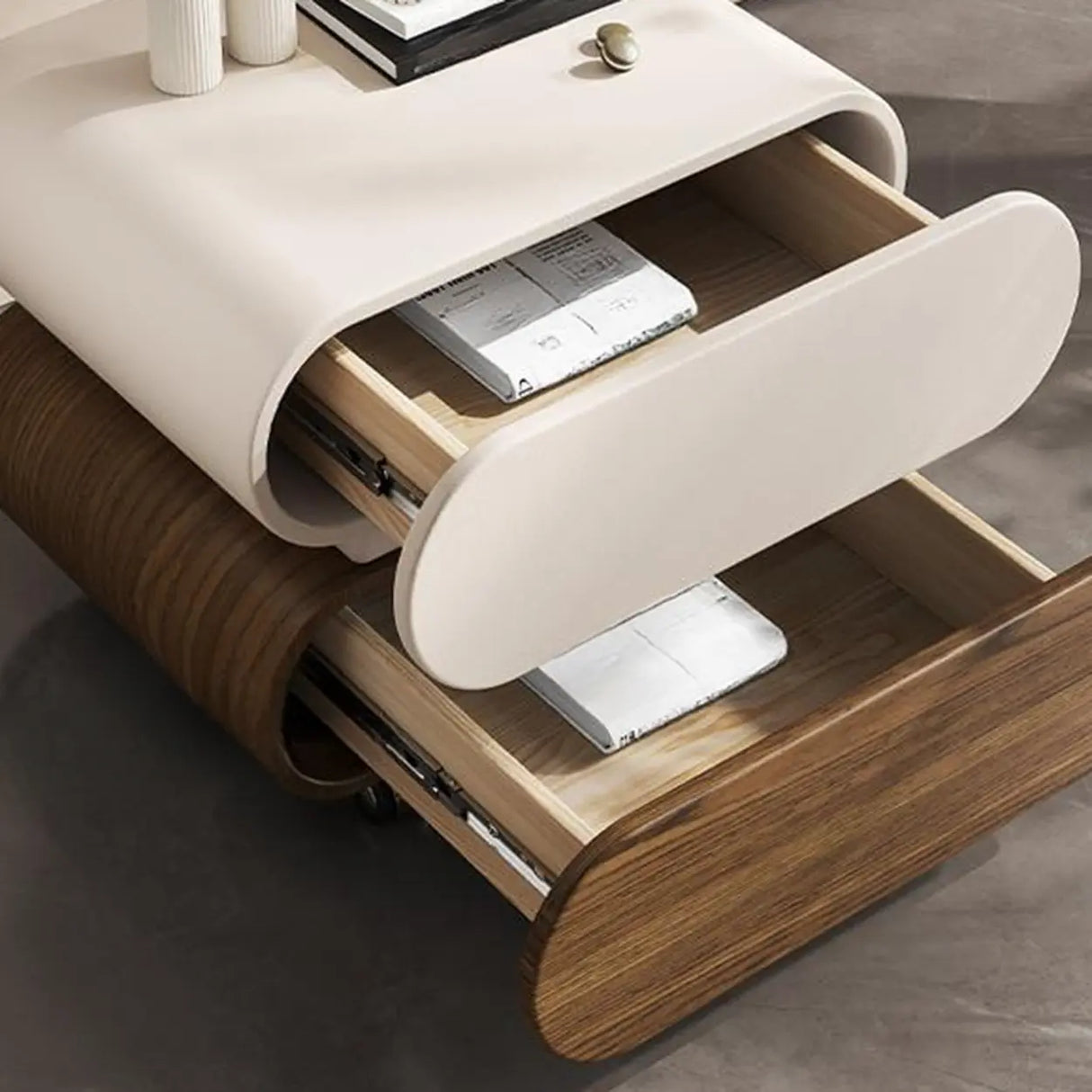 Modern Rolling Caster Wood White Nightstand with Drawers Image - 6