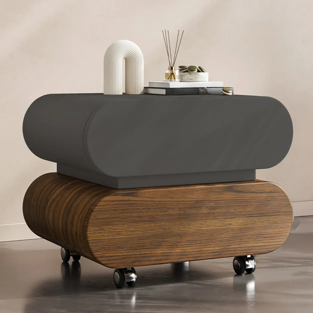 Modern Rolling Caster Wood White Nightstand with Drawers Image - 7