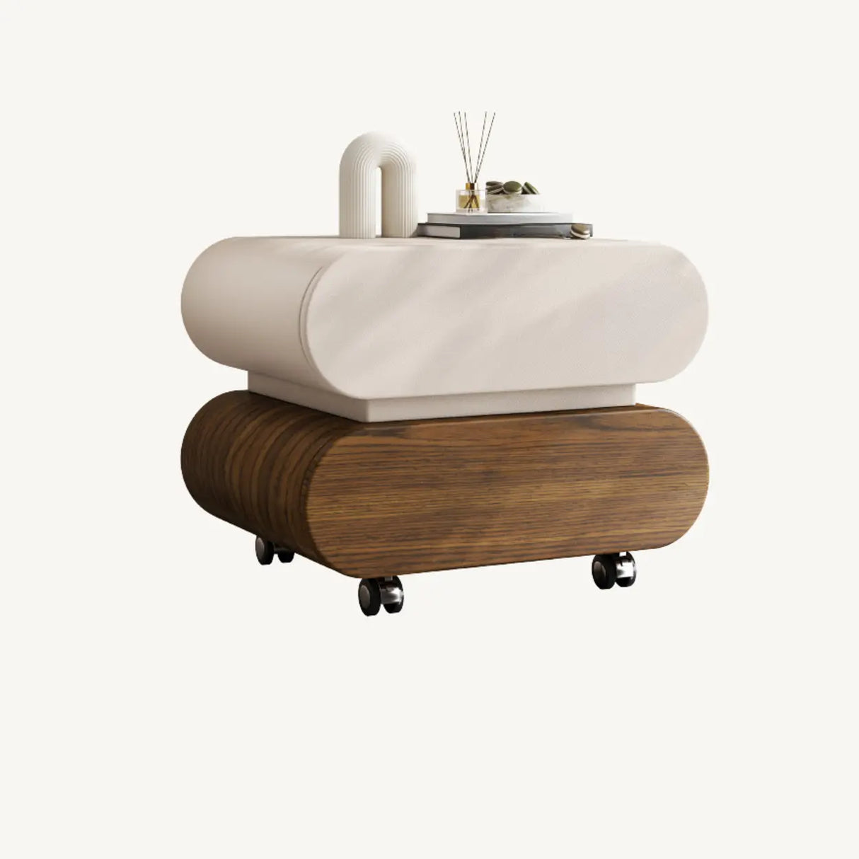 Modern Rolling Caster Wood White Nightstand with Drawers Image - 8