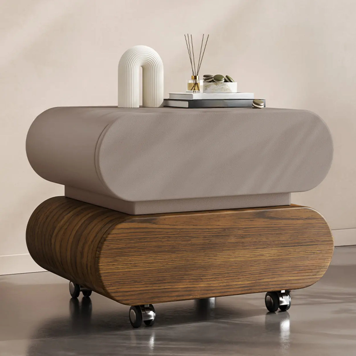 Modern Rolling Caster Wood White Nightstand with Drawers Image - 9