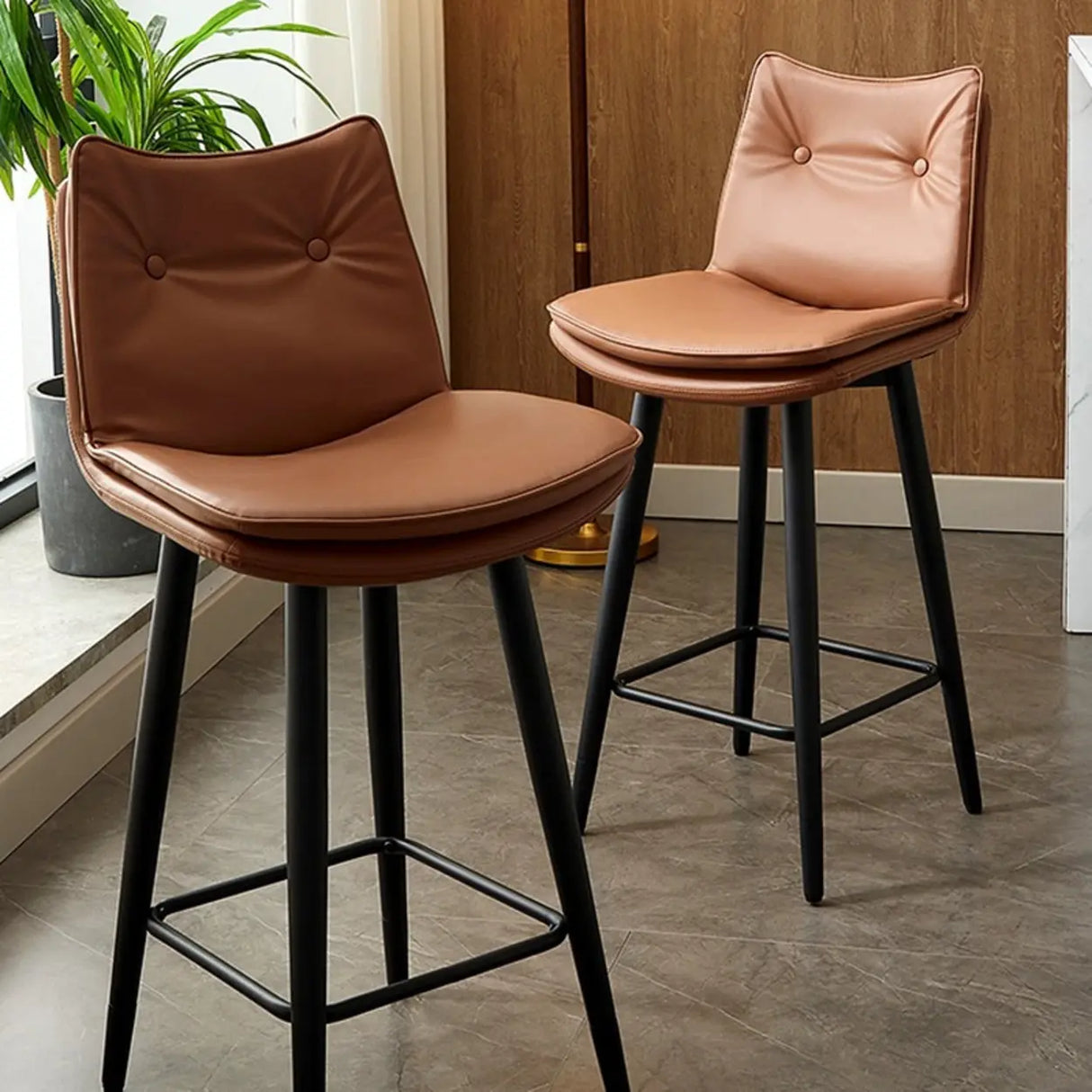 Modern Rotating Brown Leather Barrel Bar Stools with Back Image - 1