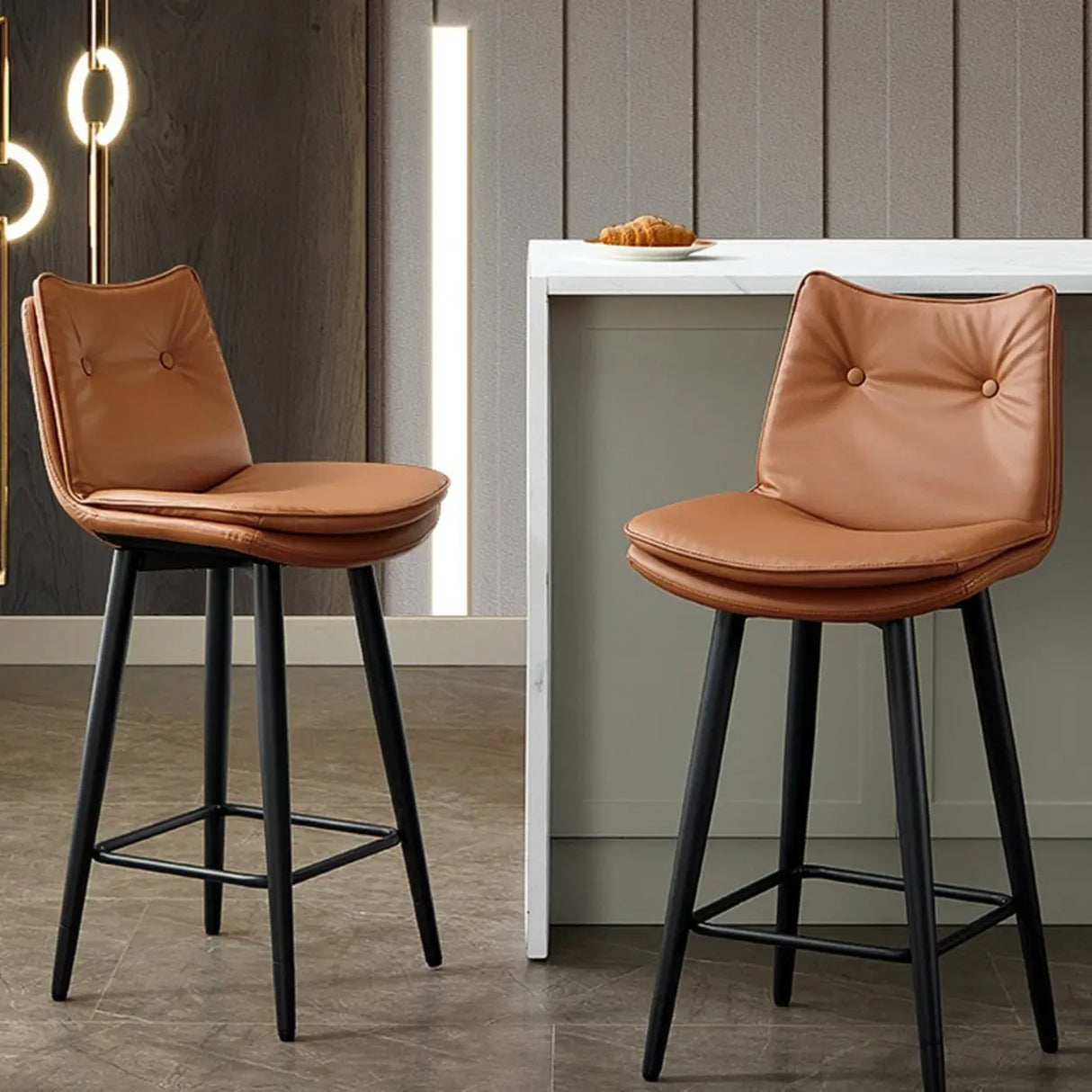 Modern Rotating Brown Leather Barrel Bar Stools with Back Image - 3